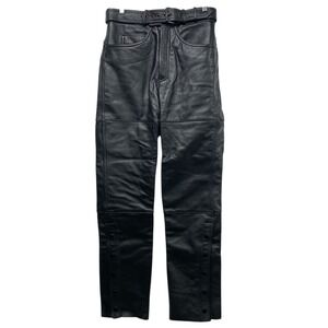 Hein Gericke Black Leather Motorcycle Pants Mens Sz 32x32  Snap Bottom w/ Belt